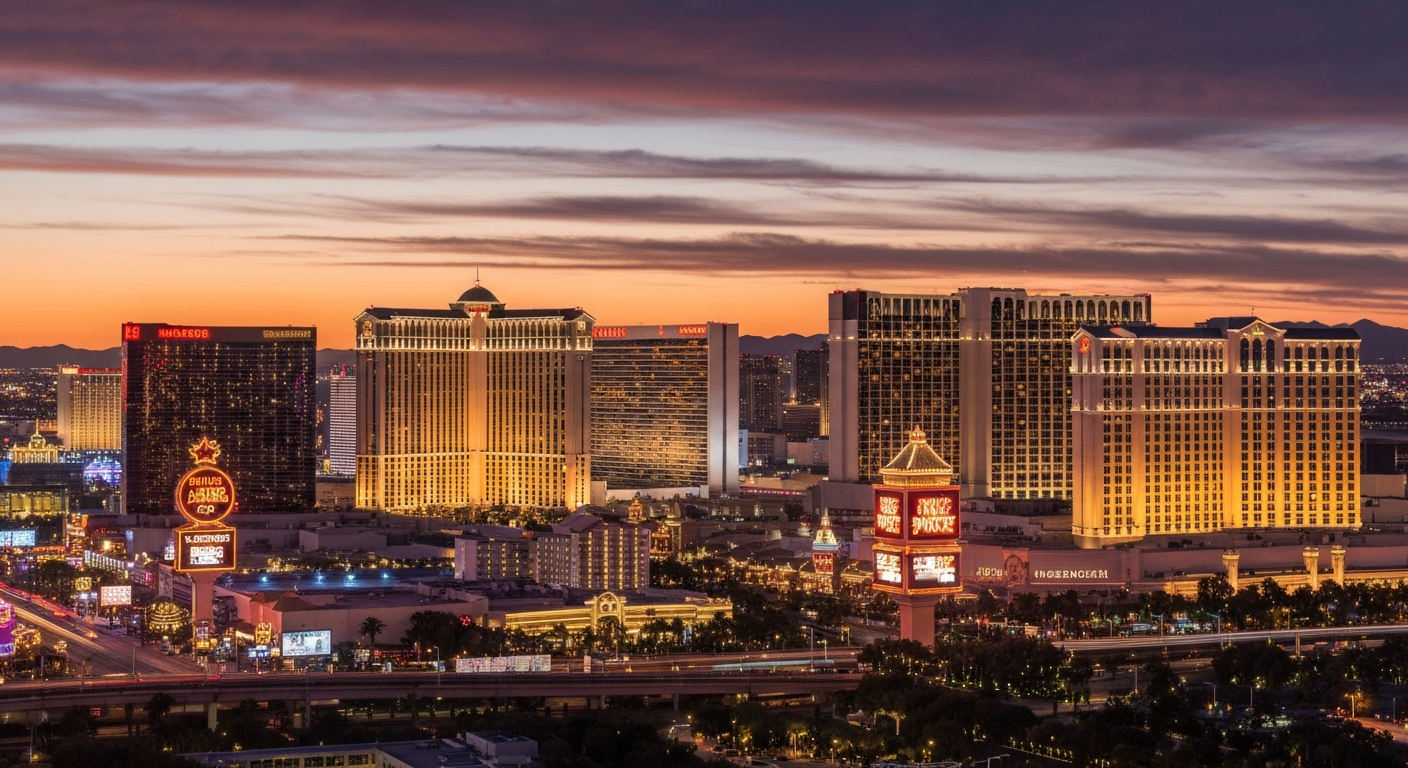 The Las Vegas Strip skyline at night with glowing casino resorts and neon lights